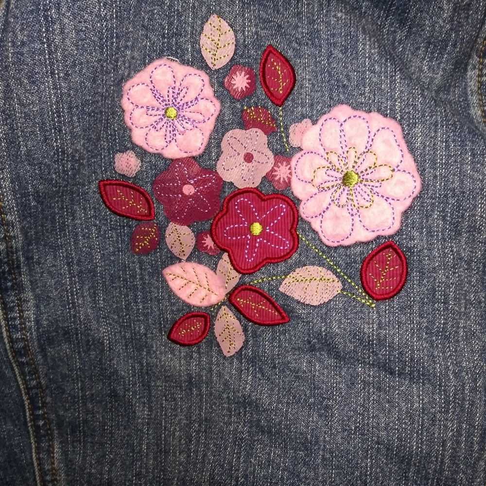 American Girl Pink Floral Appliqued Zip Front Denim Jacket